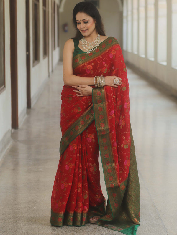 Banarasee Pure Chiffon Silk Saree With Antique & Resham Zari Work-Red & Green