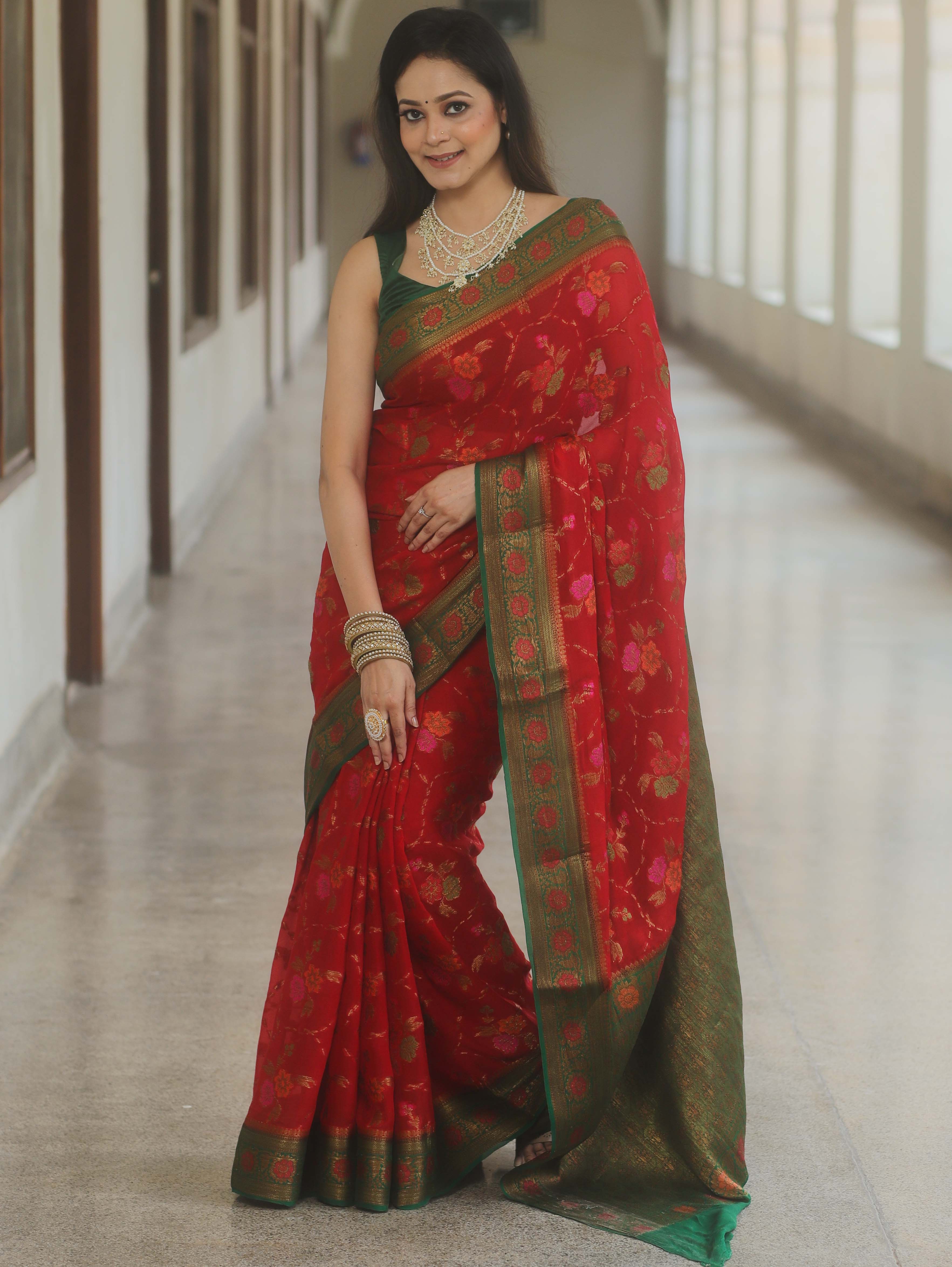 Banarasee Pure Chiffon Silk Saree With Antique & Resham Zari Work-Red & Green