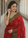 Banarasee Pure Chiffon Silk Saree With Antique & Resham Zari Work-Red & Green