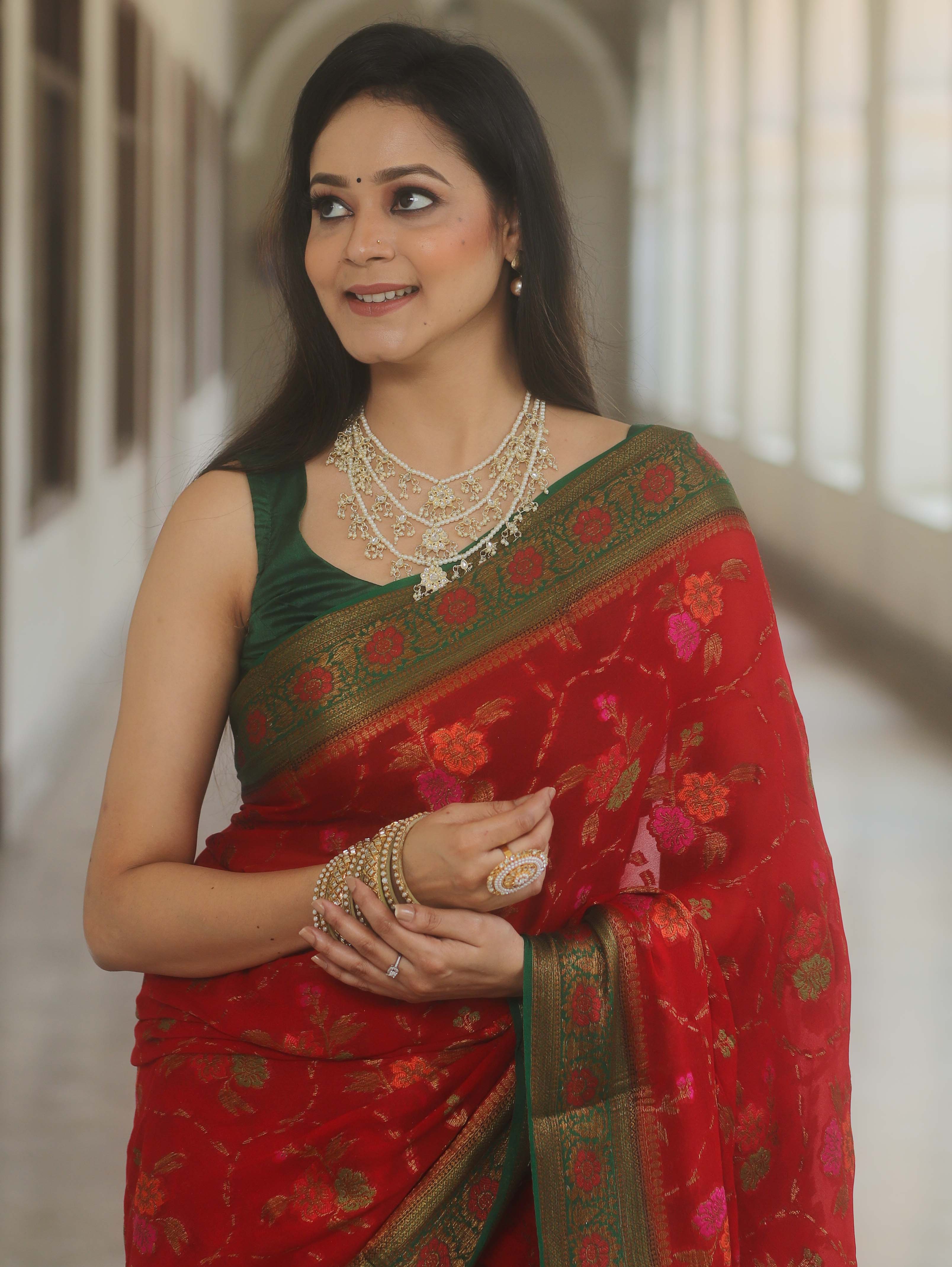 Banarasee Pure Chiffon Silk Saree With Antique & Resham Zari Work-Red & Green