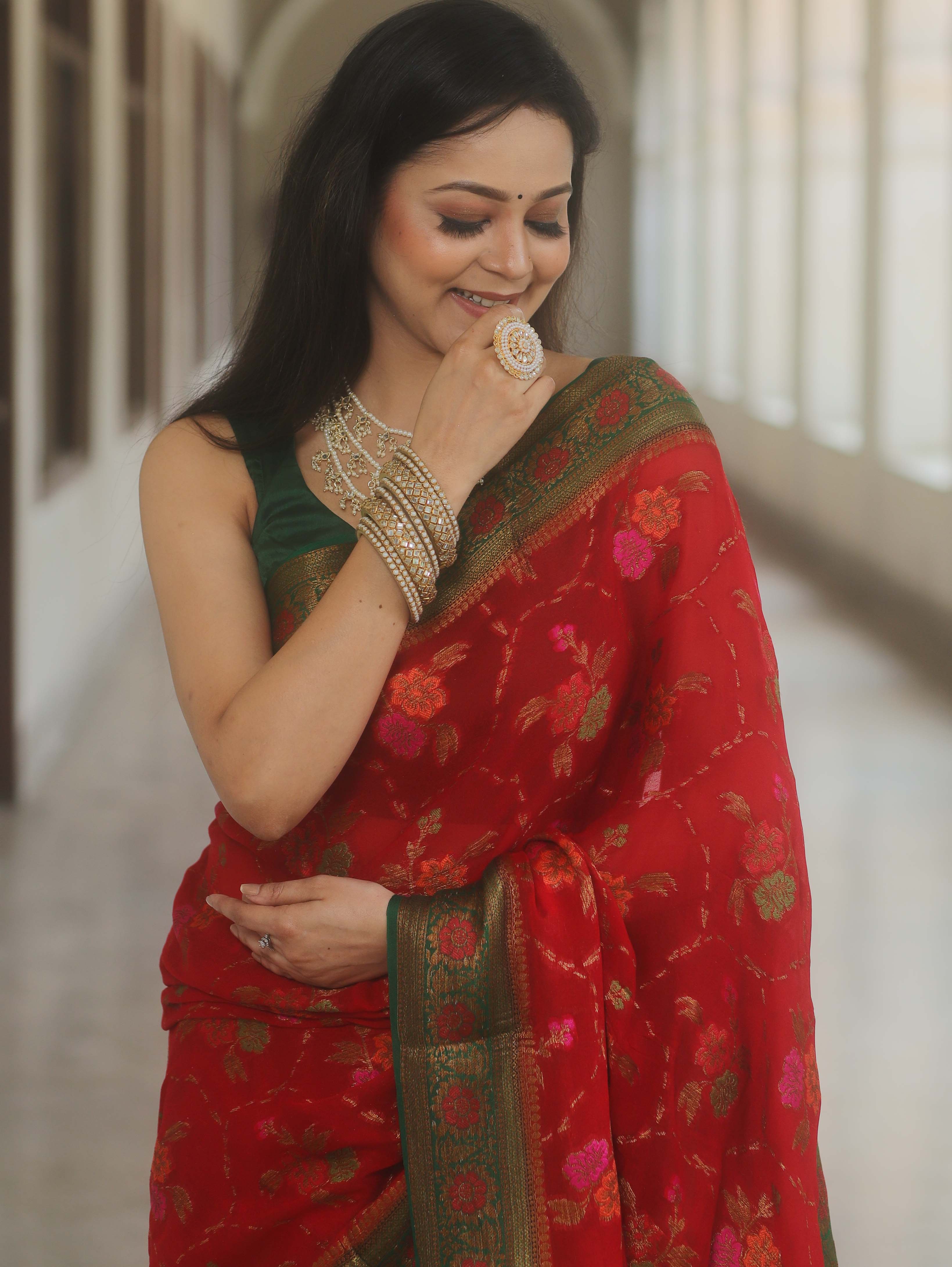 Banarasee Pure Chiffon Silk Saree With Antique & Resham Zari Work-Red & Green