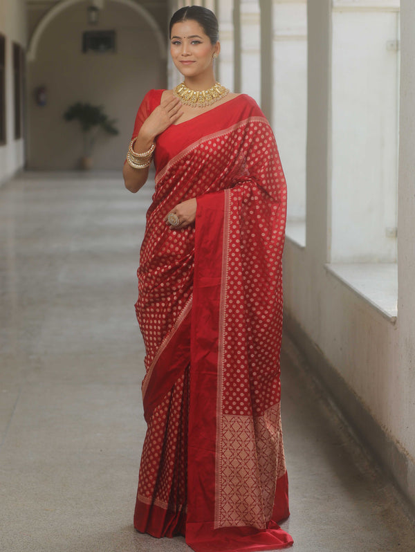 Banarasee Handwoven Semi Katan Saree Zari Buta Design With Plain Border-Red