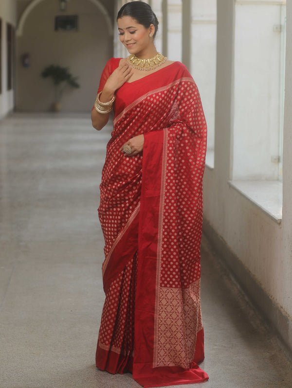 Banarasee Handwoven Semi Katan Saree Zari Buta Design With Plain Border-Red