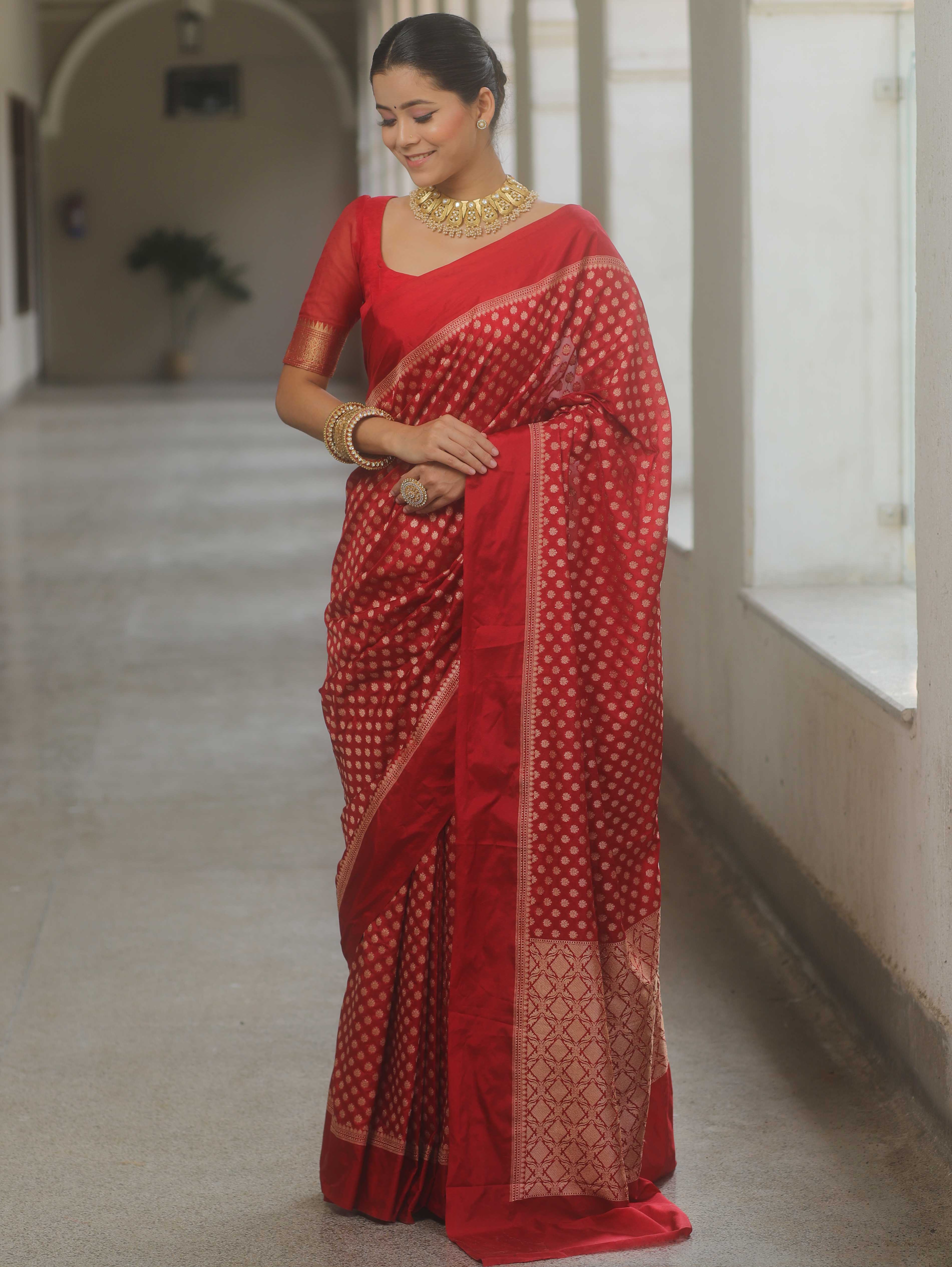 Banarasee Handwoven Semi Katan Saree Zari Buta Design With Plain Border-Red