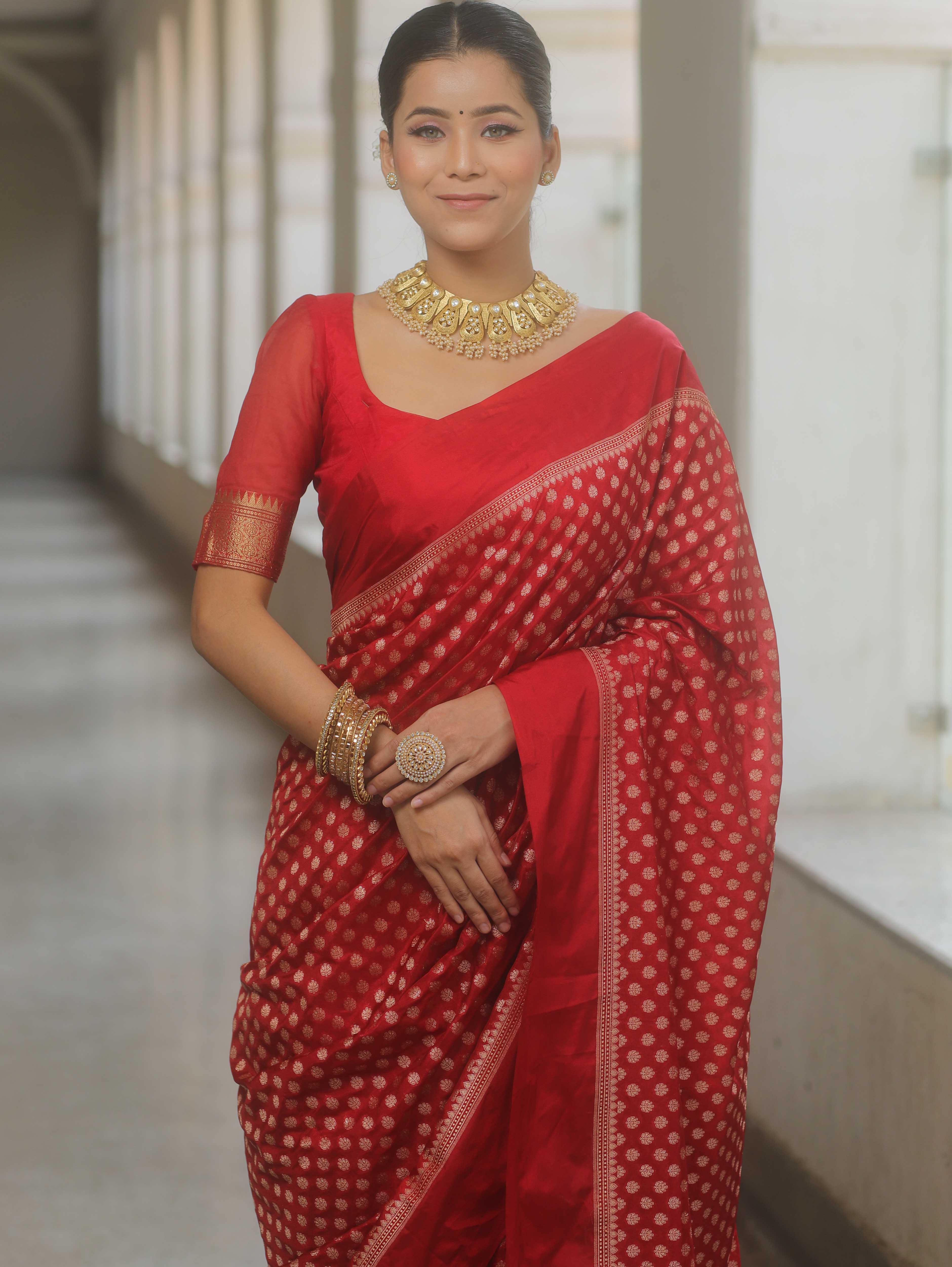 Banarasee Handwoven Semi Katan Saree Zari Buta Design With Plain Border-Red