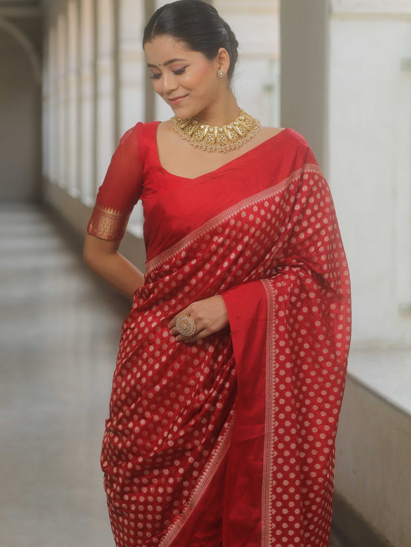 Banarasee Handwoven Semi Katan Saree Zari Buta Design With Plain Border-Red