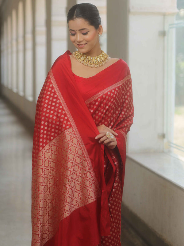 Banarasee Handwoven Semi Katan Saree Zari Buta Design With Plain Border-Red