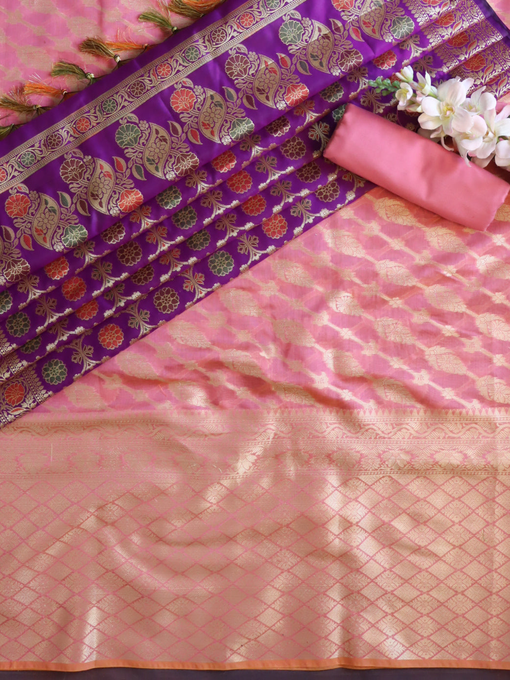 Banarasee Cotton Silk Salwar Kameez Fabric With Zari Work-Pink & Purple