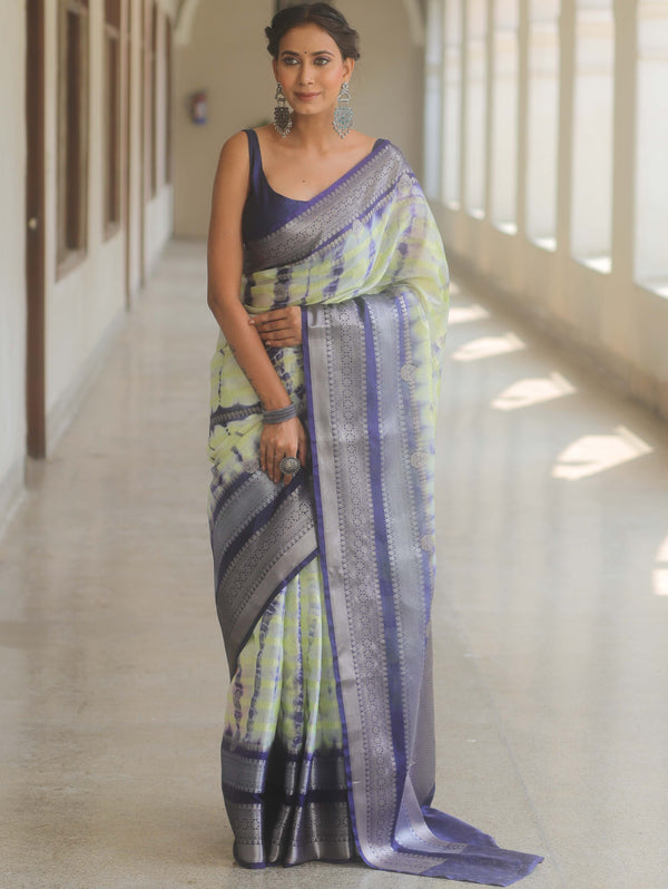 Banarasee Handwoven Semi Silk Saree With Zari Border Shibori Design-White & Blue