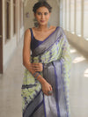 Banarasee Handwoven Semi Silk Saree With Zari Border Shibori Design-White & Blue