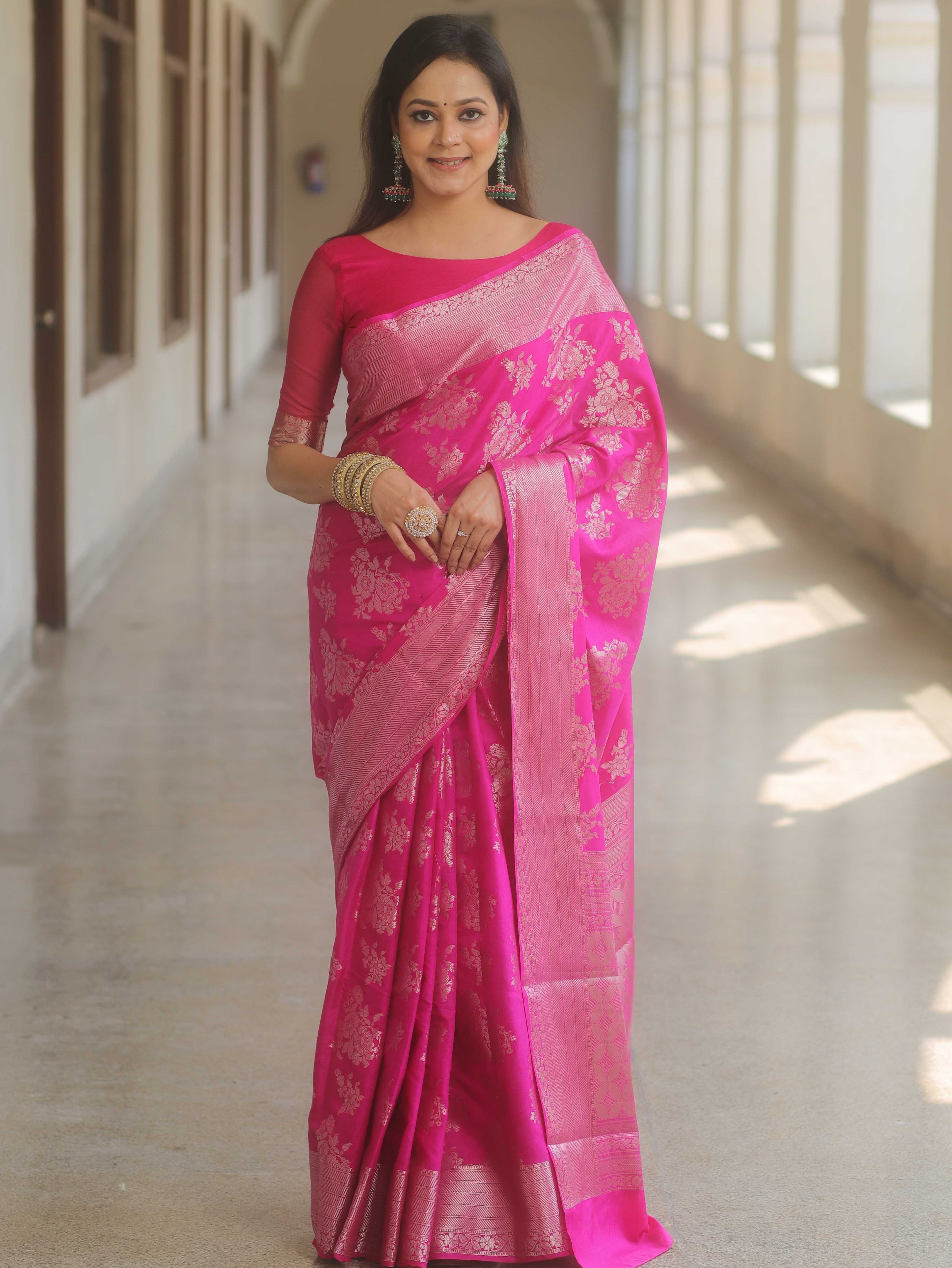 Banarasee Handwoven Art Silk Saree With Zari Border-Pink