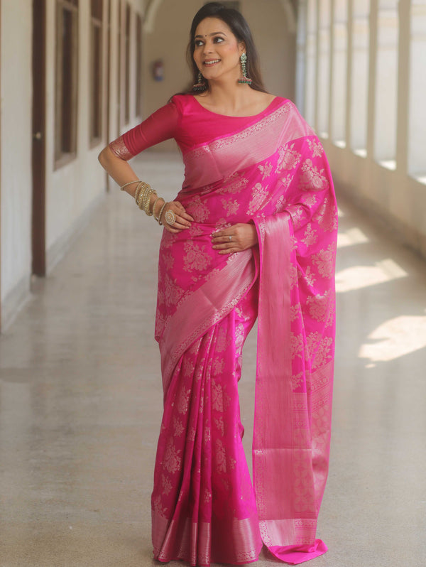 Banarasee Handwoven Art Silk Saree With Zari Border-Pink