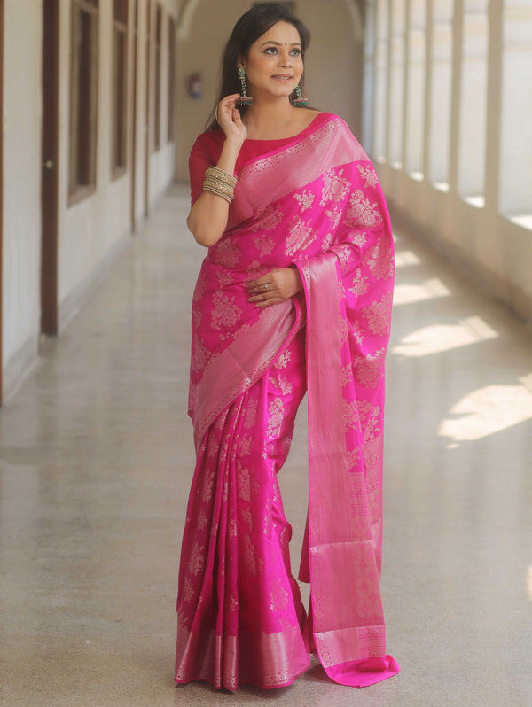 Banarasee Handwoven Art Silk Saree With Zari Border-Pink