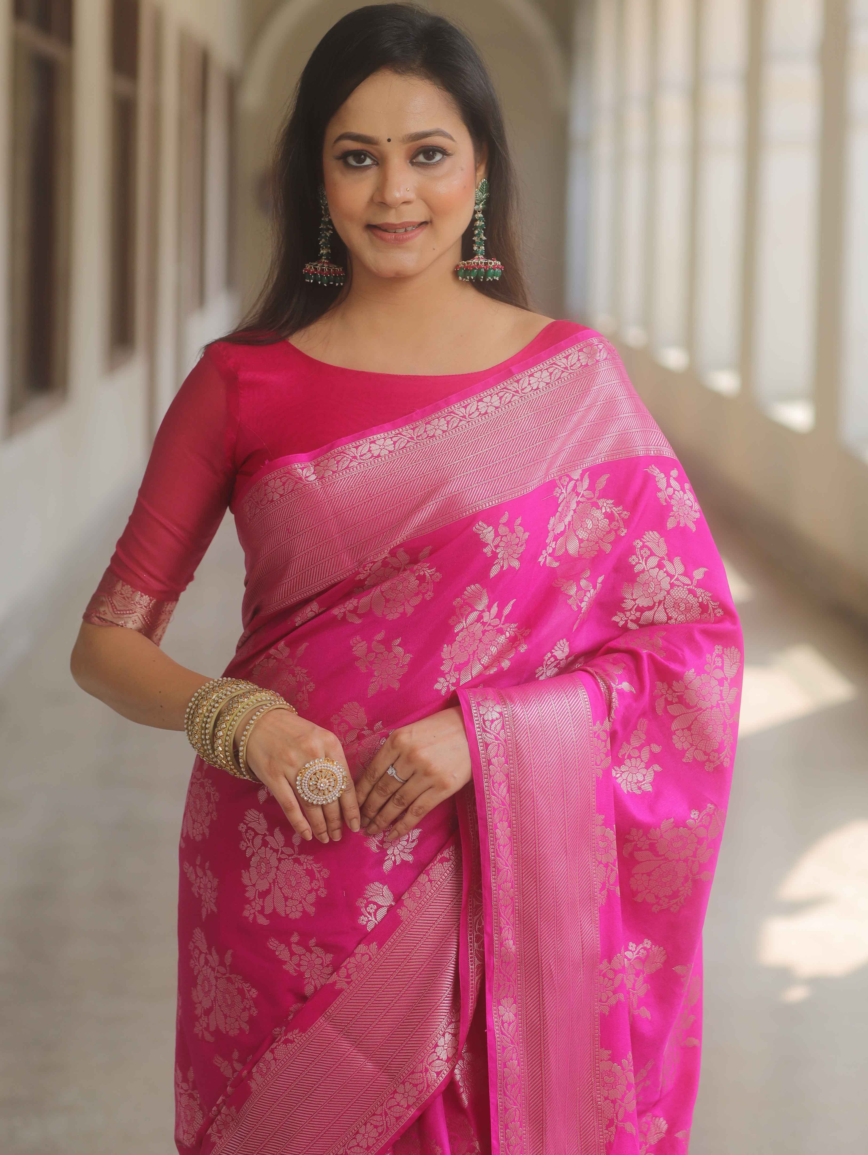 Banarasee Handwoven Art Silk Saree With Zari Border-Pink