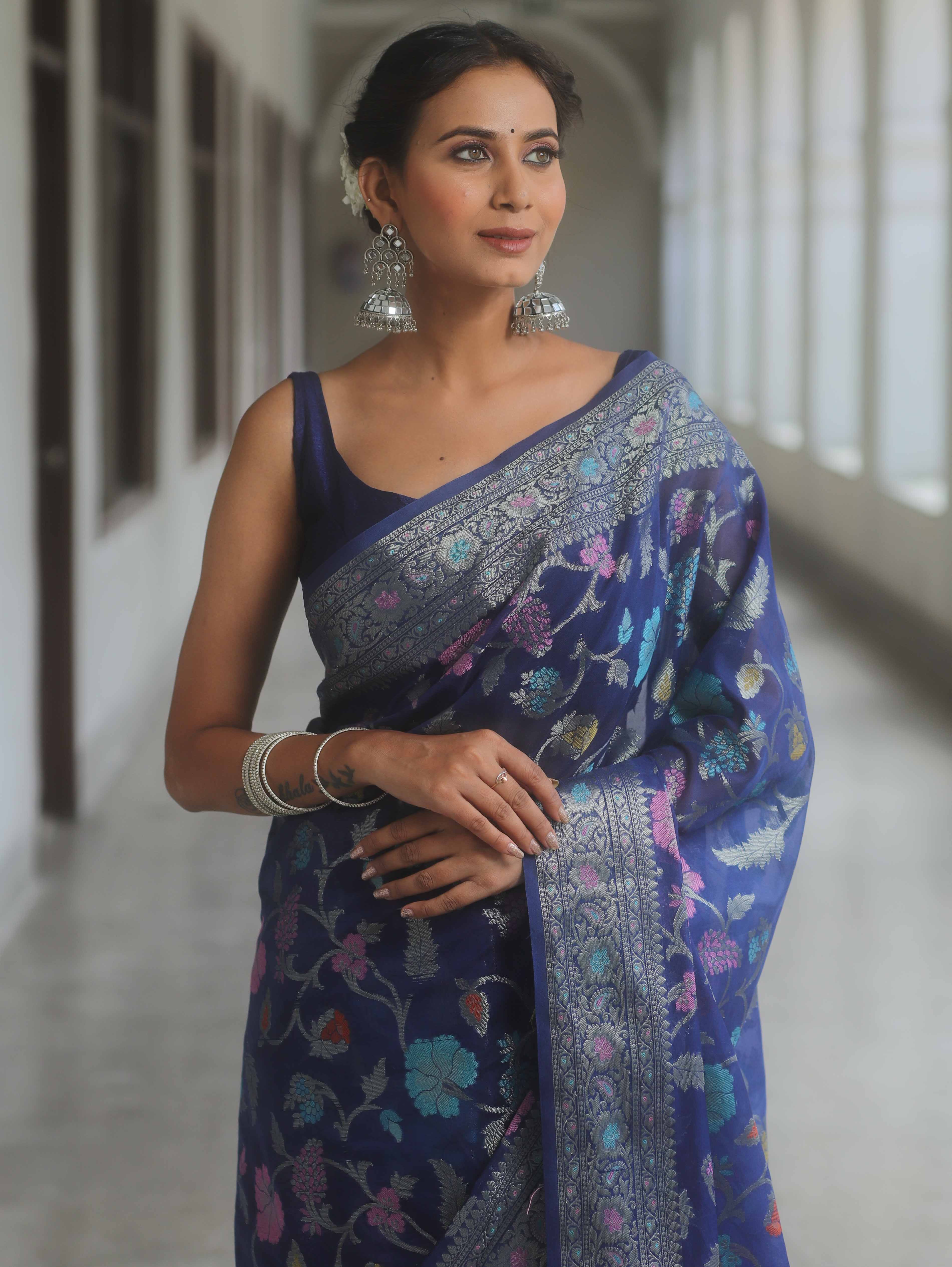 Banarasee Semi-Georgette Saree Jaal Design With Zari Border Design-Blue