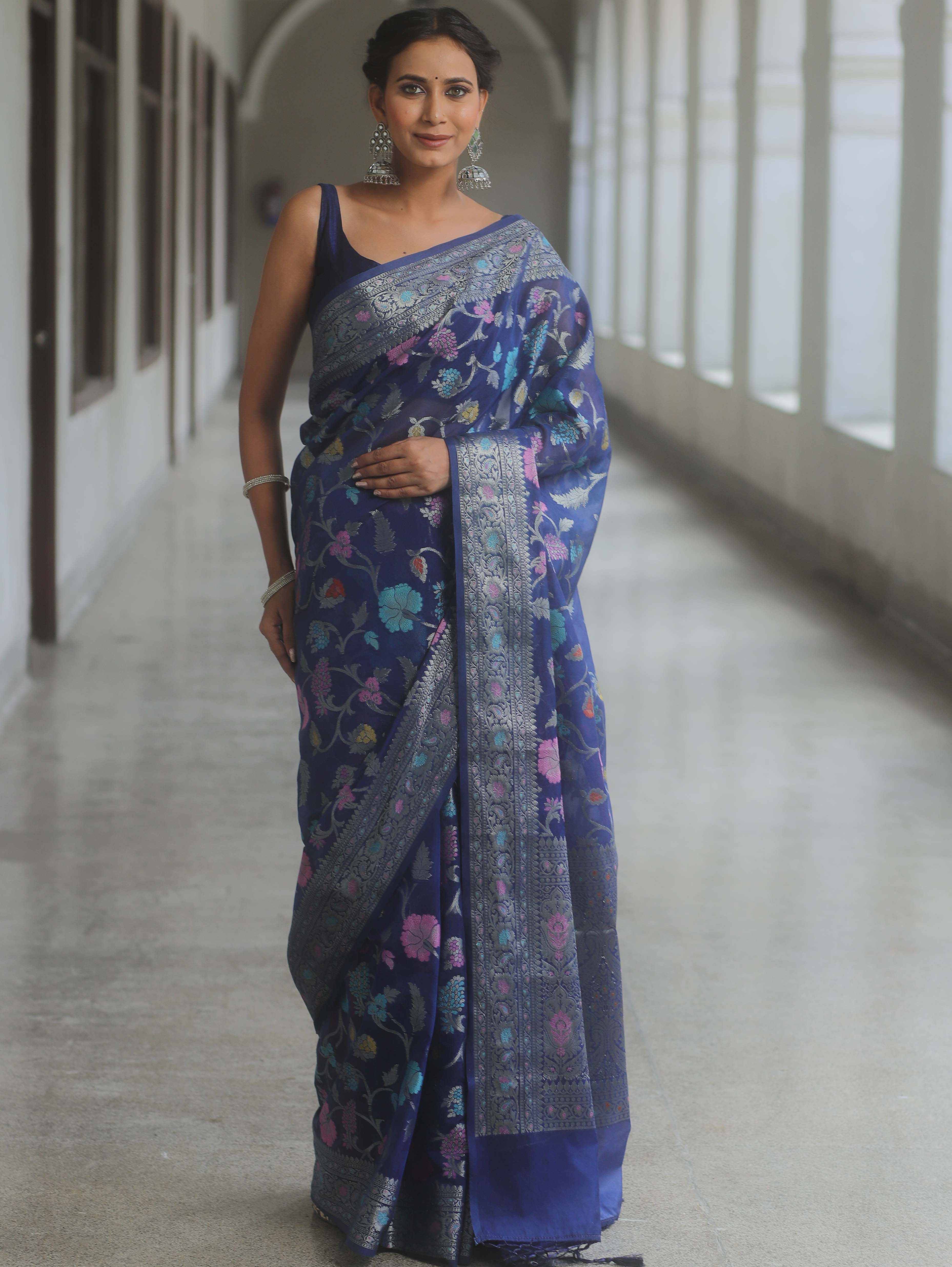 Banarasee Semi-Georgette Saree Jaal Design With Zari Border Design-Blue