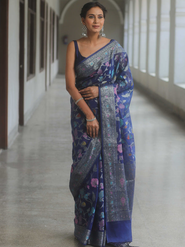 Banarasee Semi-Georgette Saree Jaal Design With Zari Border Design-Blue