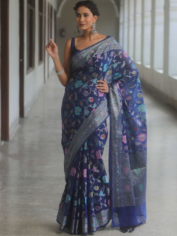 Banarasee Semi-Georgette Saree Jaal Design With Zari Border Design-Blue