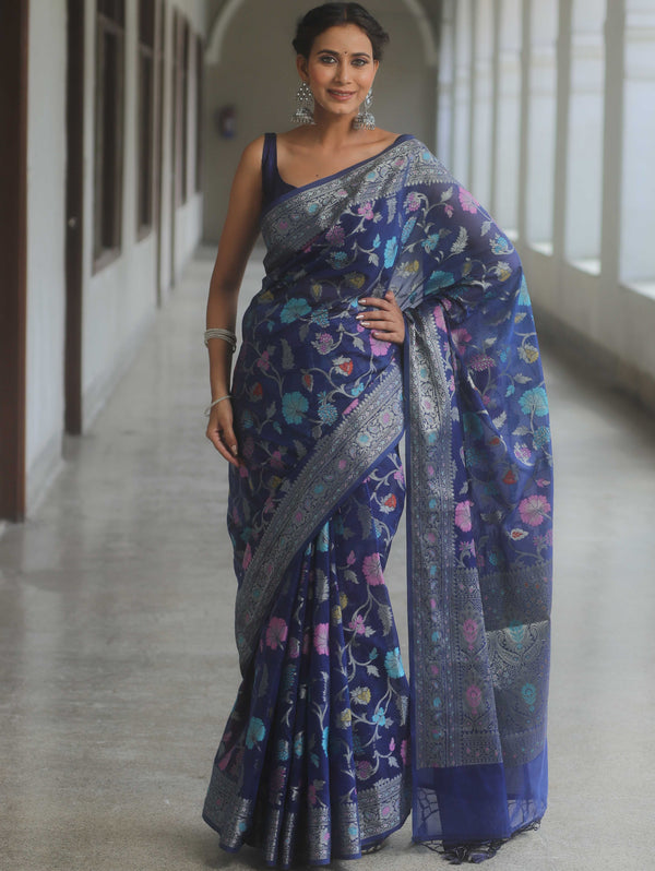 Banarasee Semi-Georgette Saree Jaal Design With Zari Border Design-Blue