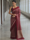 Banarasee Handwoven Semi Katan Saree Zari Buta Design With Plain Border-Maroon