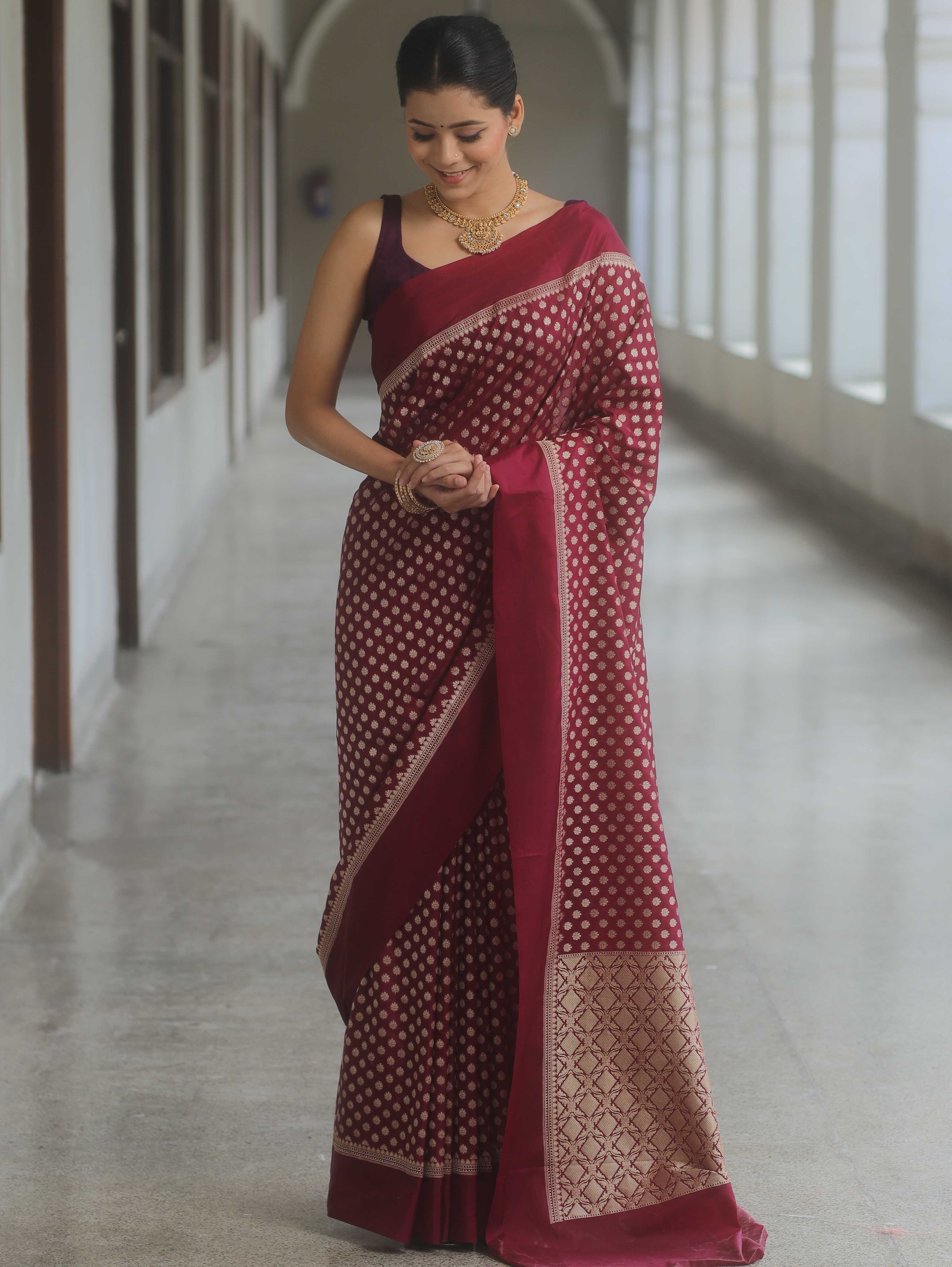 Banarasee Handwoven Semi Katan Saree Zari Buta Design With Plain Border-Maroon