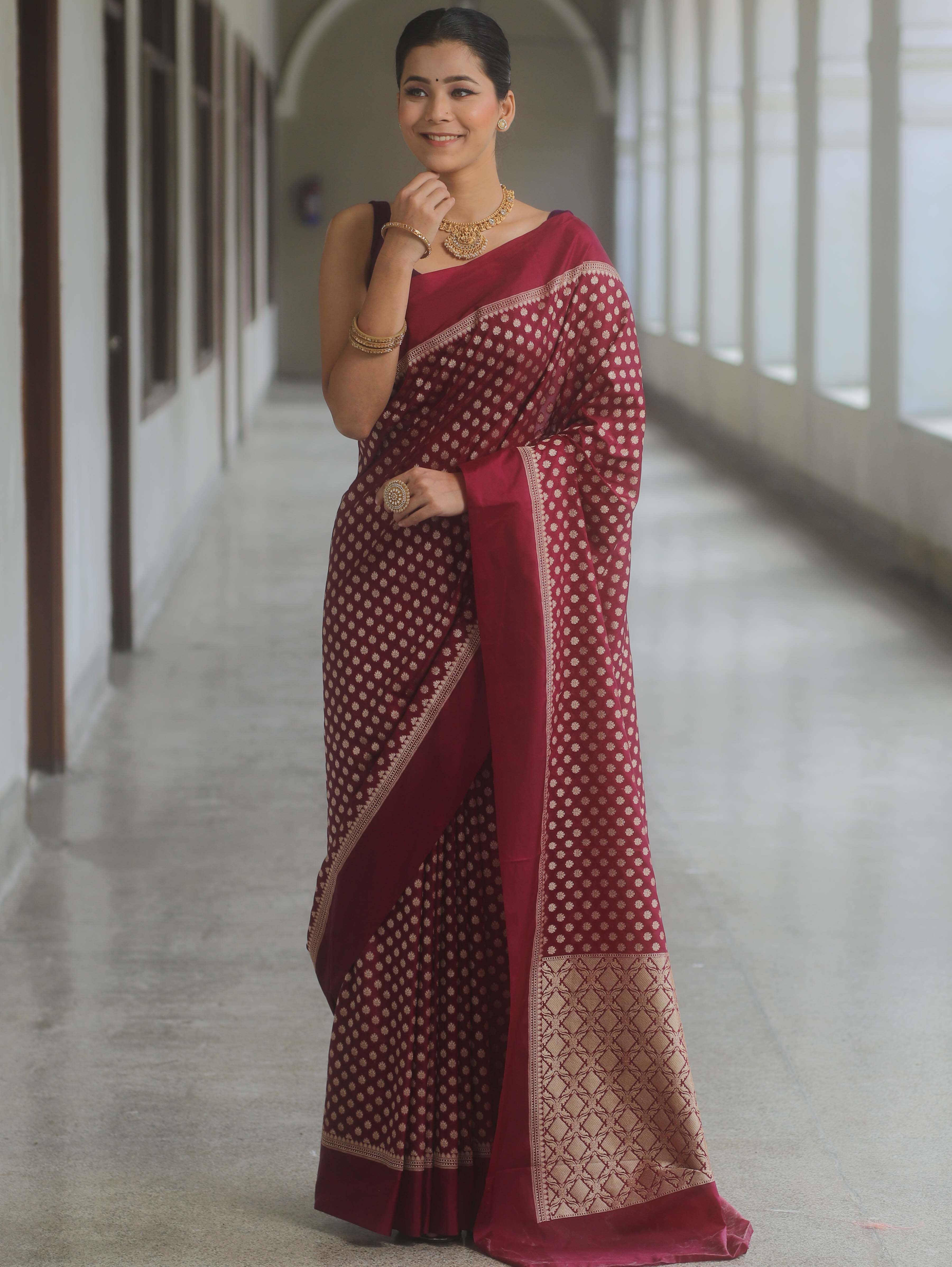 Banarasee Handwoven Semi Katan Saree Zari Buta Design With Plain Border-Maroon