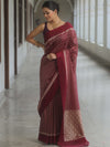 Banarasee Handwoven Semi Katan Saree Zari Buta Design With Plain Border-Maroon