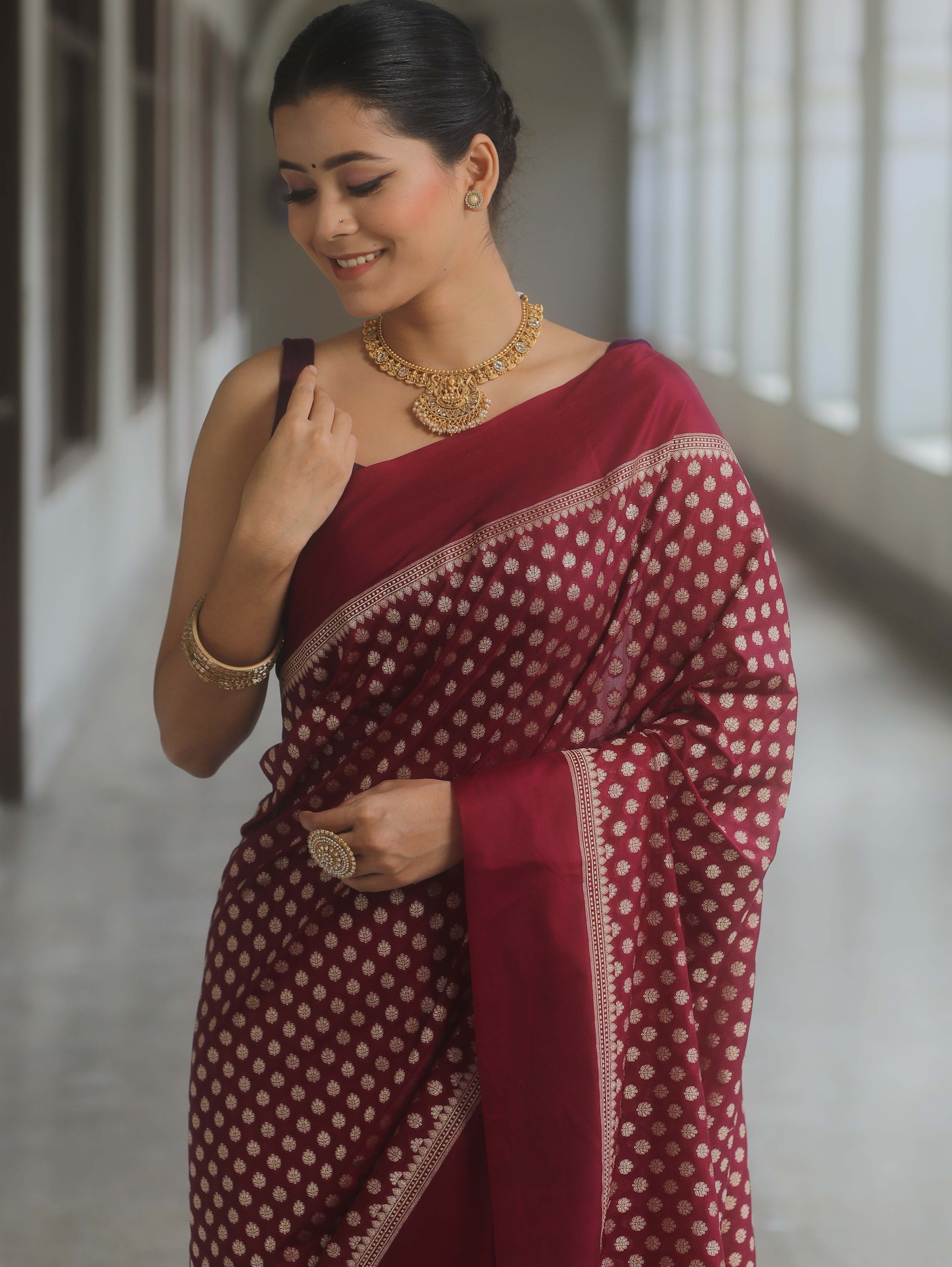 Banarasee Handwoven Semi Katan Saree Zari Buta Design With Plain Border-Maroon