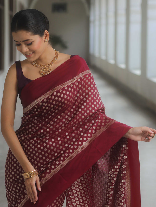 Banarasee Handwoven Semi Katan Saree Zari Buta Design With Plain Border-Maroon