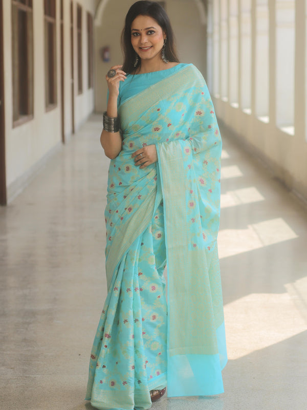 Banarasee Cotton Silk Saree Zari Jaal Design & Border-Light Blue