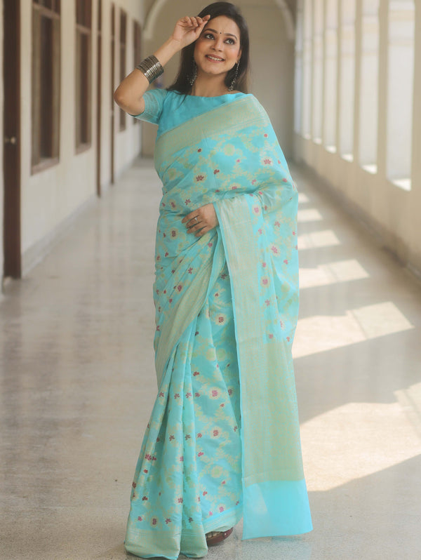 Banarasee Cotton Silk Saree Zari Jaal Design & Border-Light Blue