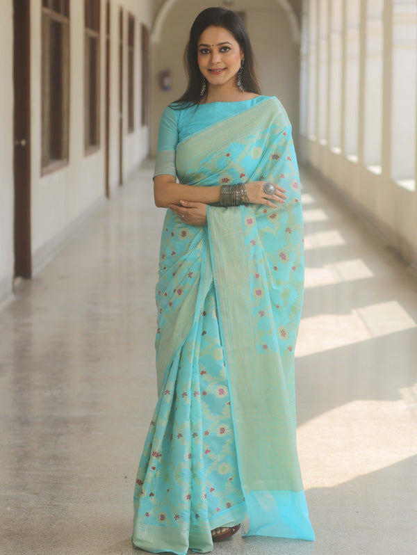 Banarasee Cotton Silk Saree Zari Jaal Design & Border-Light Blue