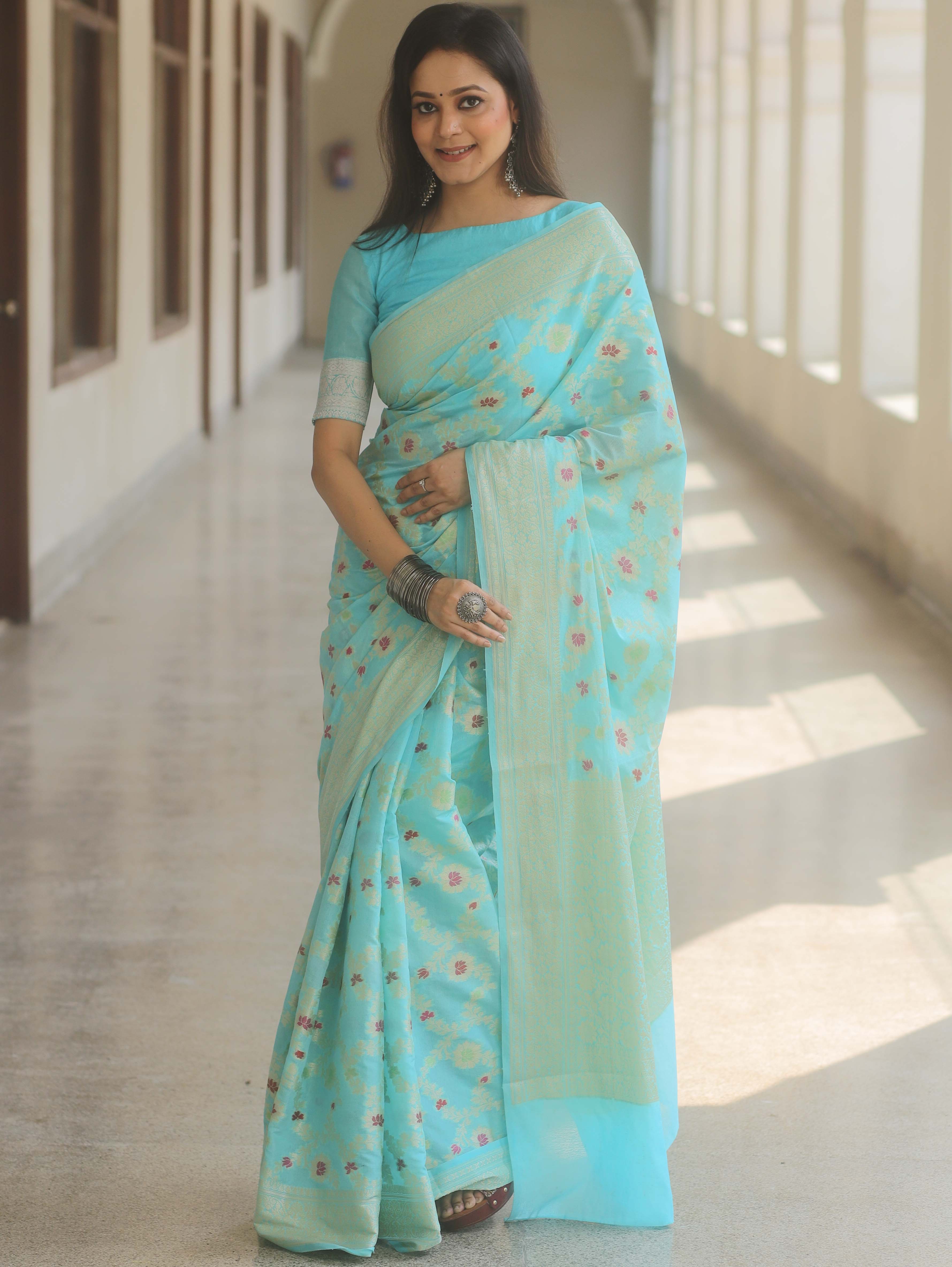 Banarasee Cotton Silk Saree Zari Jaal Design & Border-Light Blue