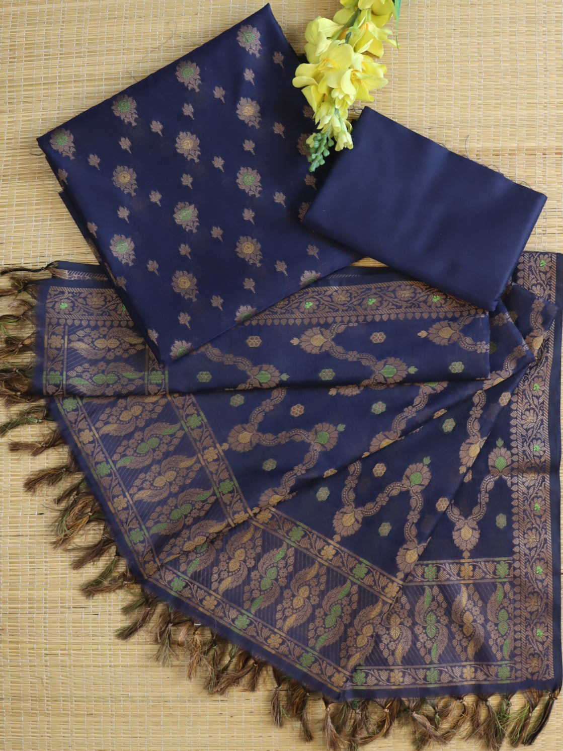 Banarasee Resham Zari Cotton Salwar Kameez Fabric With Dupatta Set-Blue