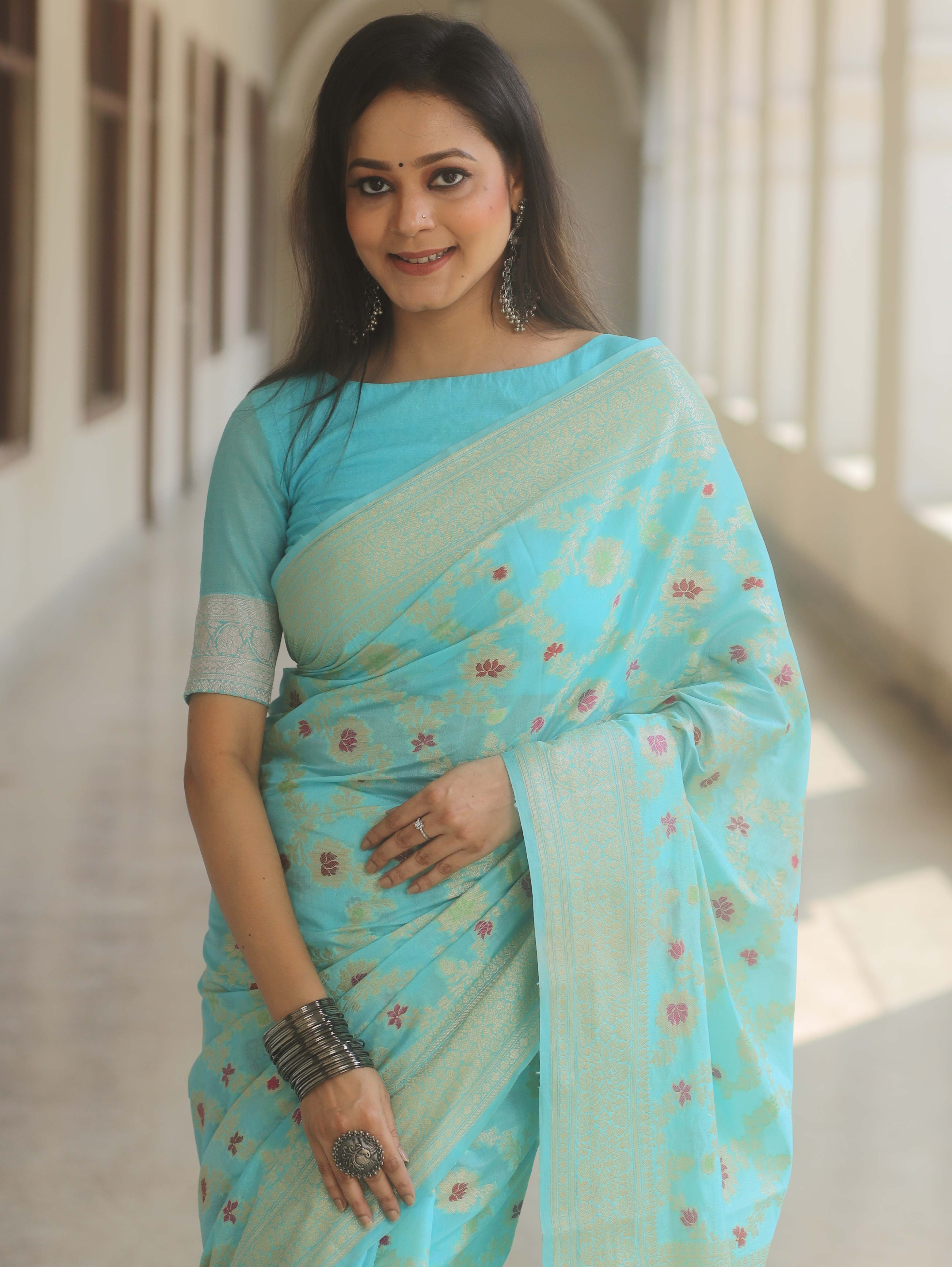 Banarasee Cotton Silk Saree Zari Jaal Design & Border-Light Blue