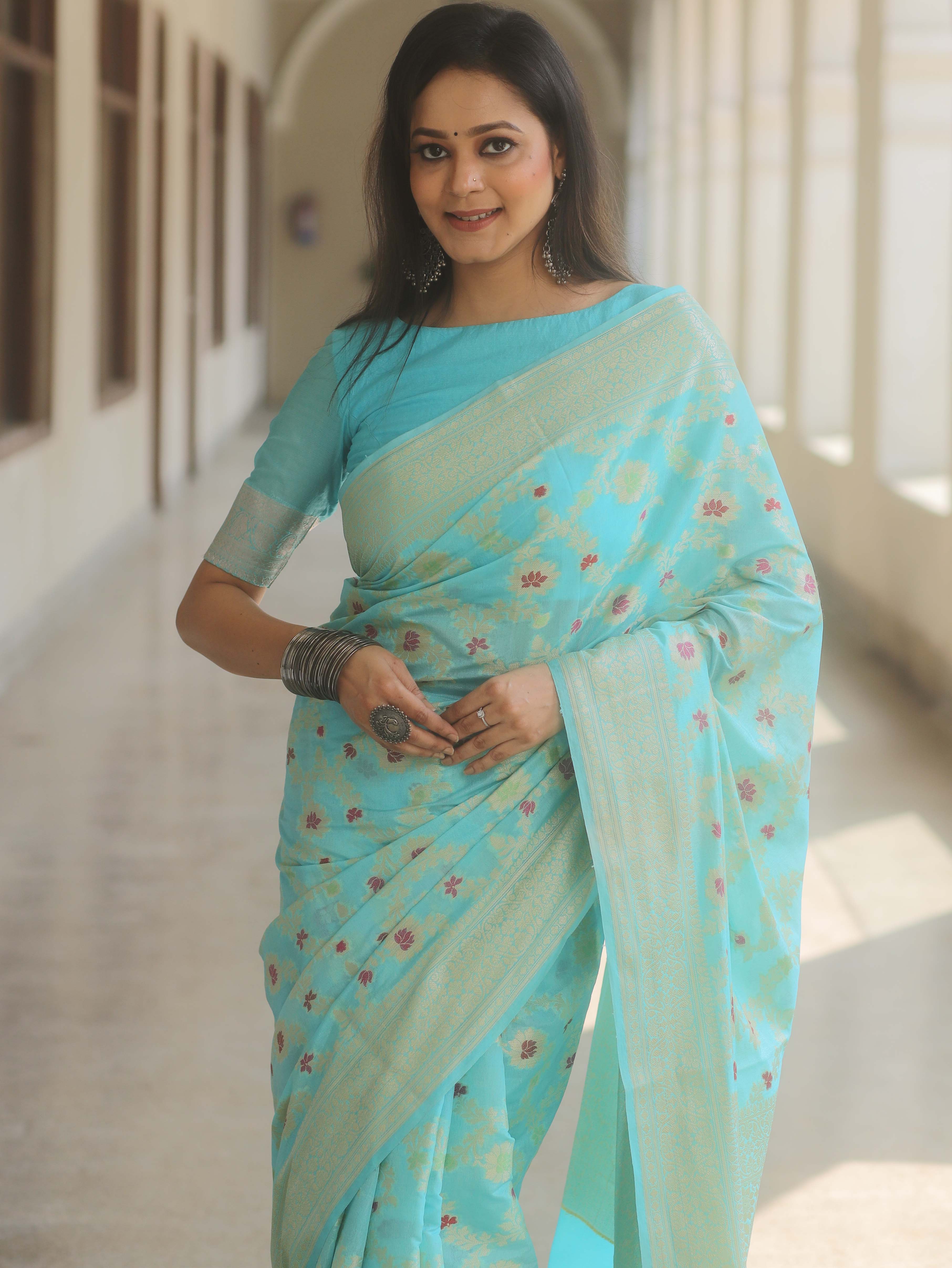 Banarasee Cotton Silk Saree Zari Jaal Design & Border-Light Blue