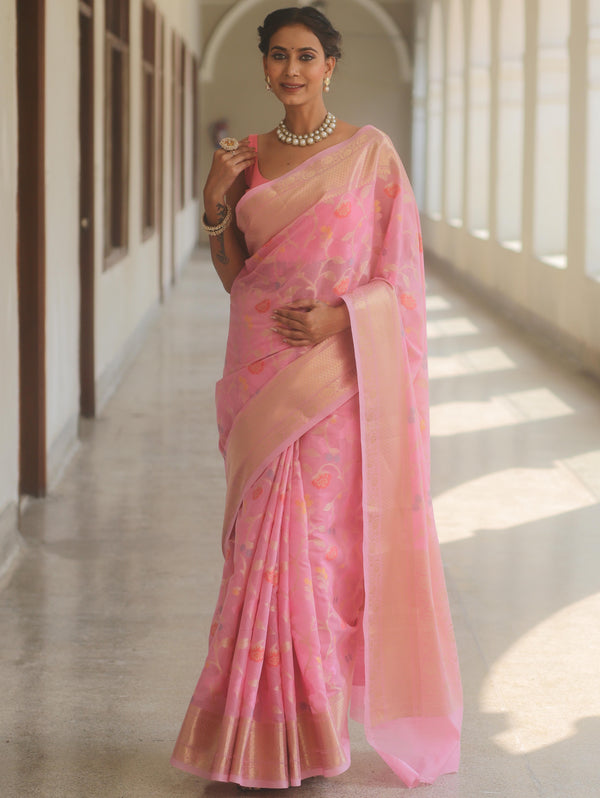 Banarasee Cotton Silk Saree Zari Jaal Design & Border-Pink