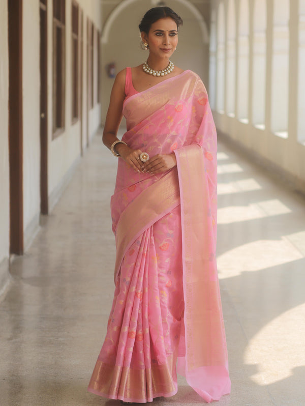 Banarasee Cotton Silk Saree Zari Jaal Design & Border-Pink