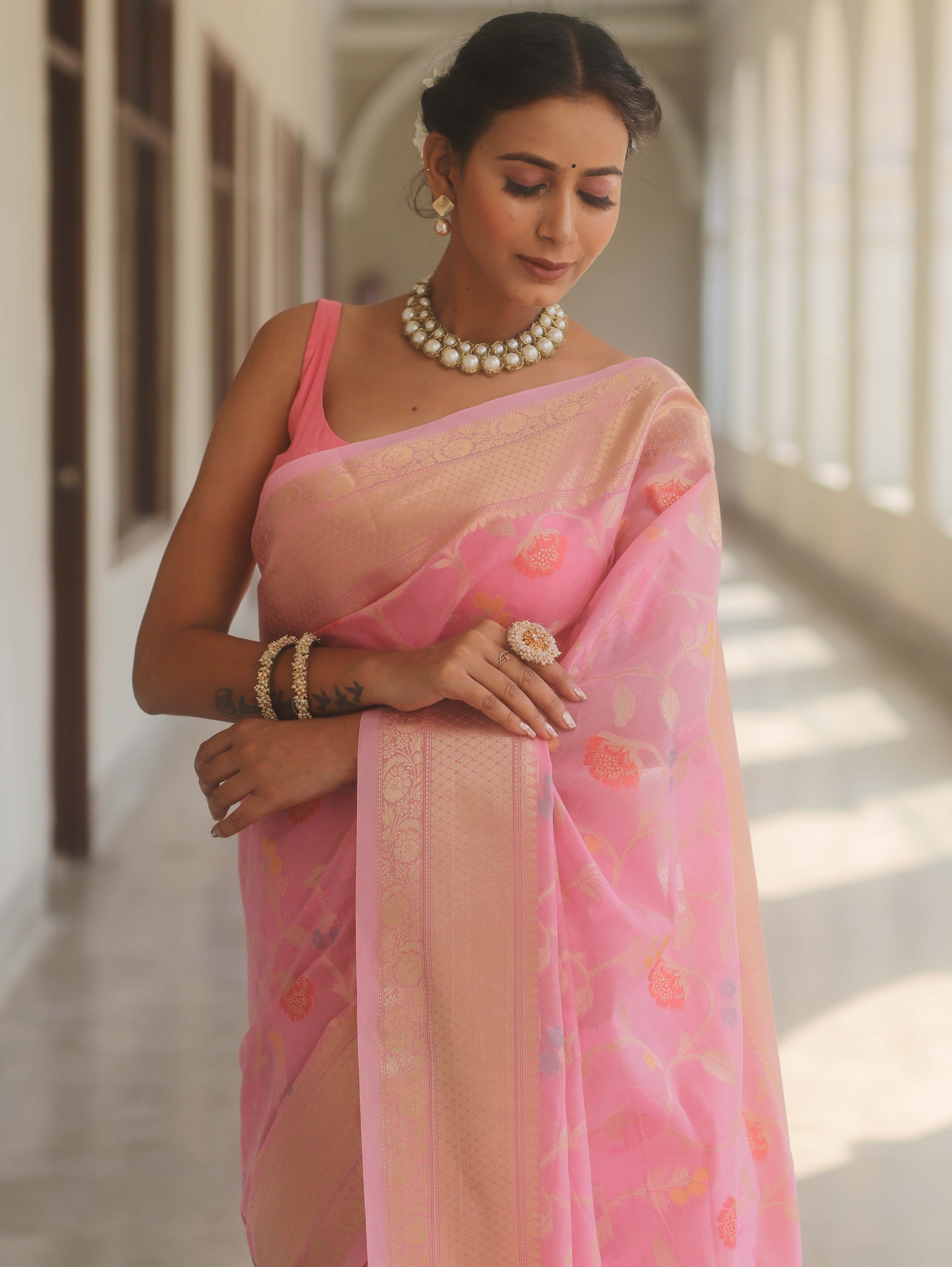 Banarasee Cotton Silk Saree Zari Jaal Design & Border-Pink