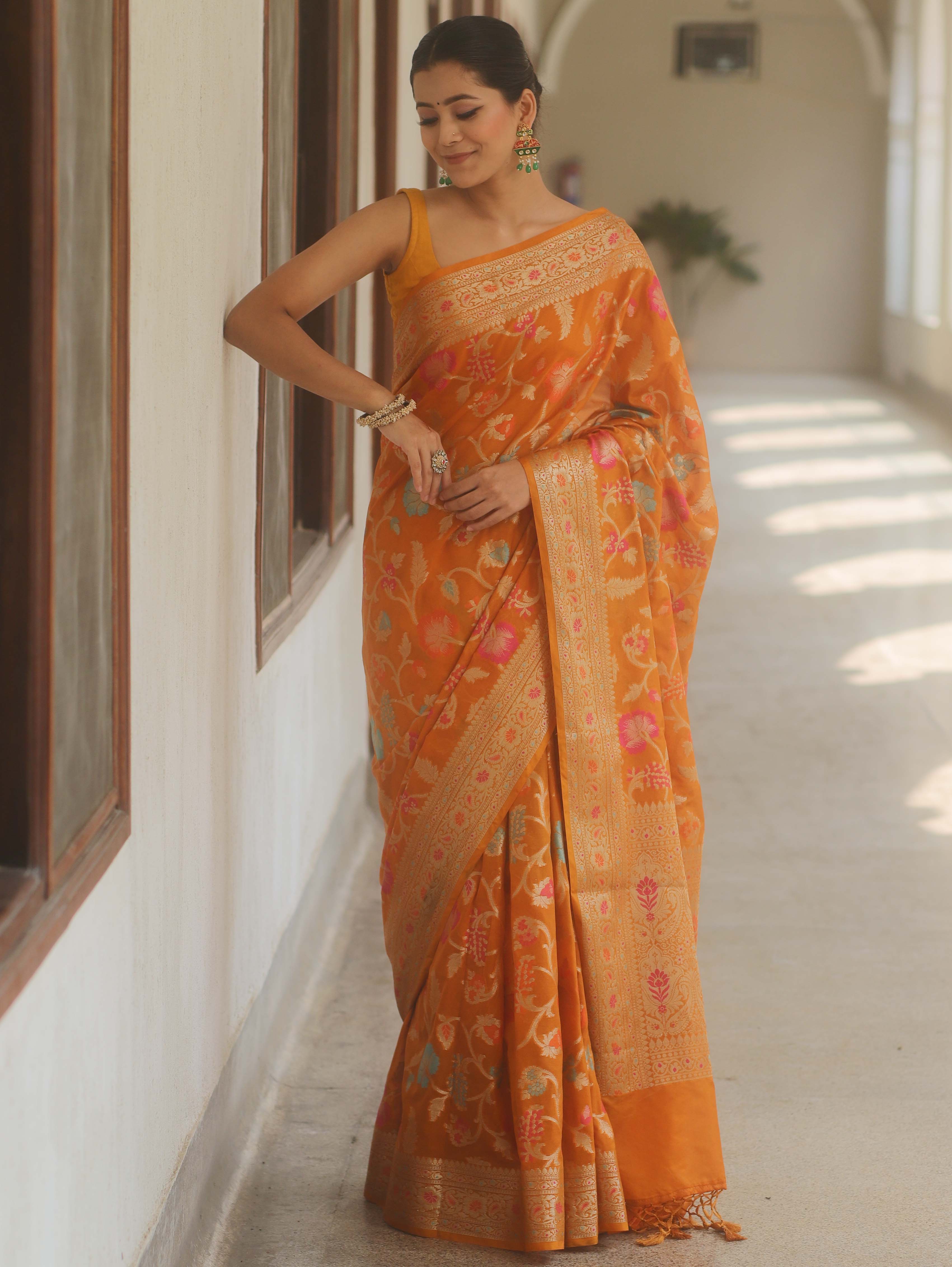 Banarasee Semi-Georgette Saree Jaal Design With Zari Border Design-Mustard Yellow