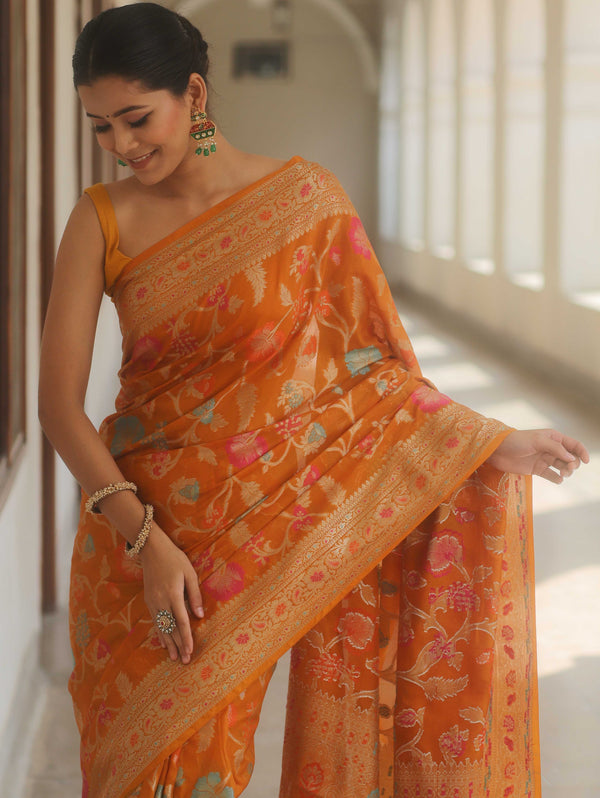 Banarasee Semi-Georgette Saree Jaal Design With Zari Border Design-Mustard Yellow