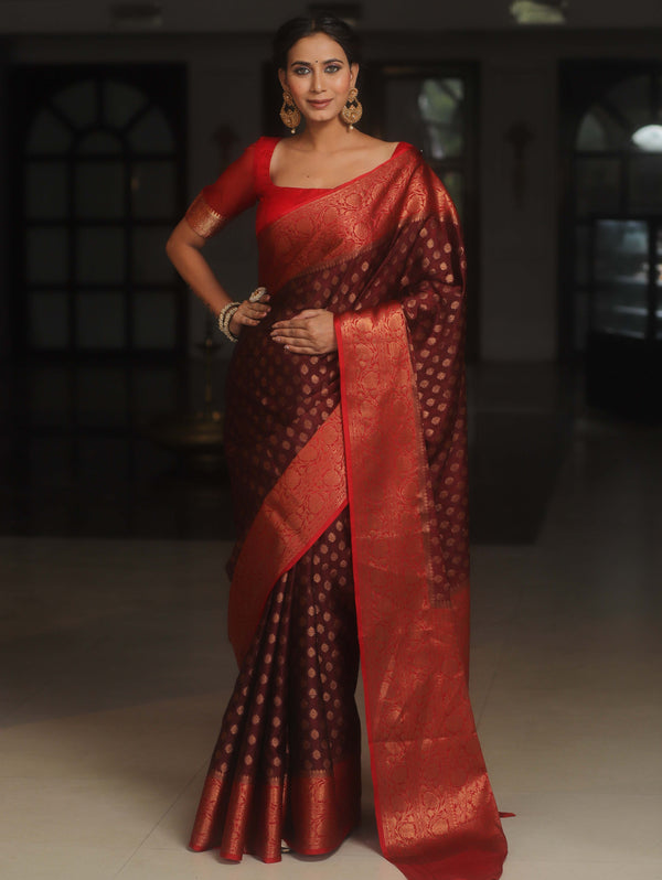 Banarasee Georgette Saree With Zari Work & Contrast Border-Brown & Maroon