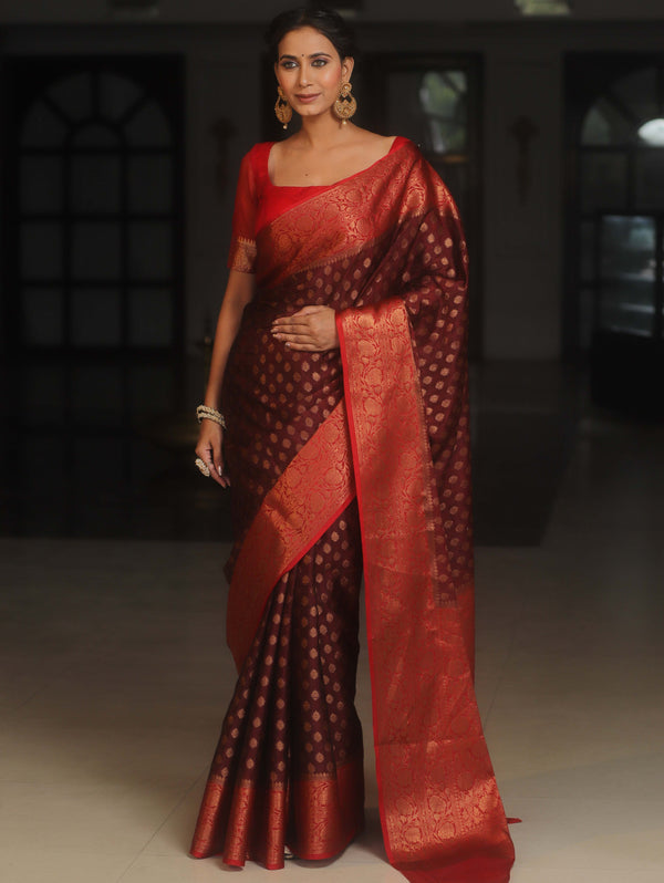 Banarasee Georgette Saree With Zari Work & Contrast Border-Brown & Maroon