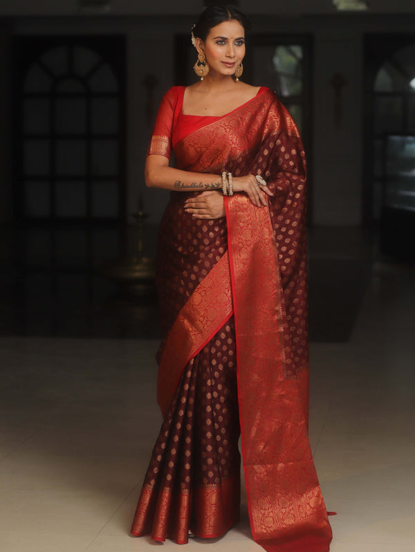 Banarasee Georgette Saree With Zari Work & Contrast Border-Brown & Maroon