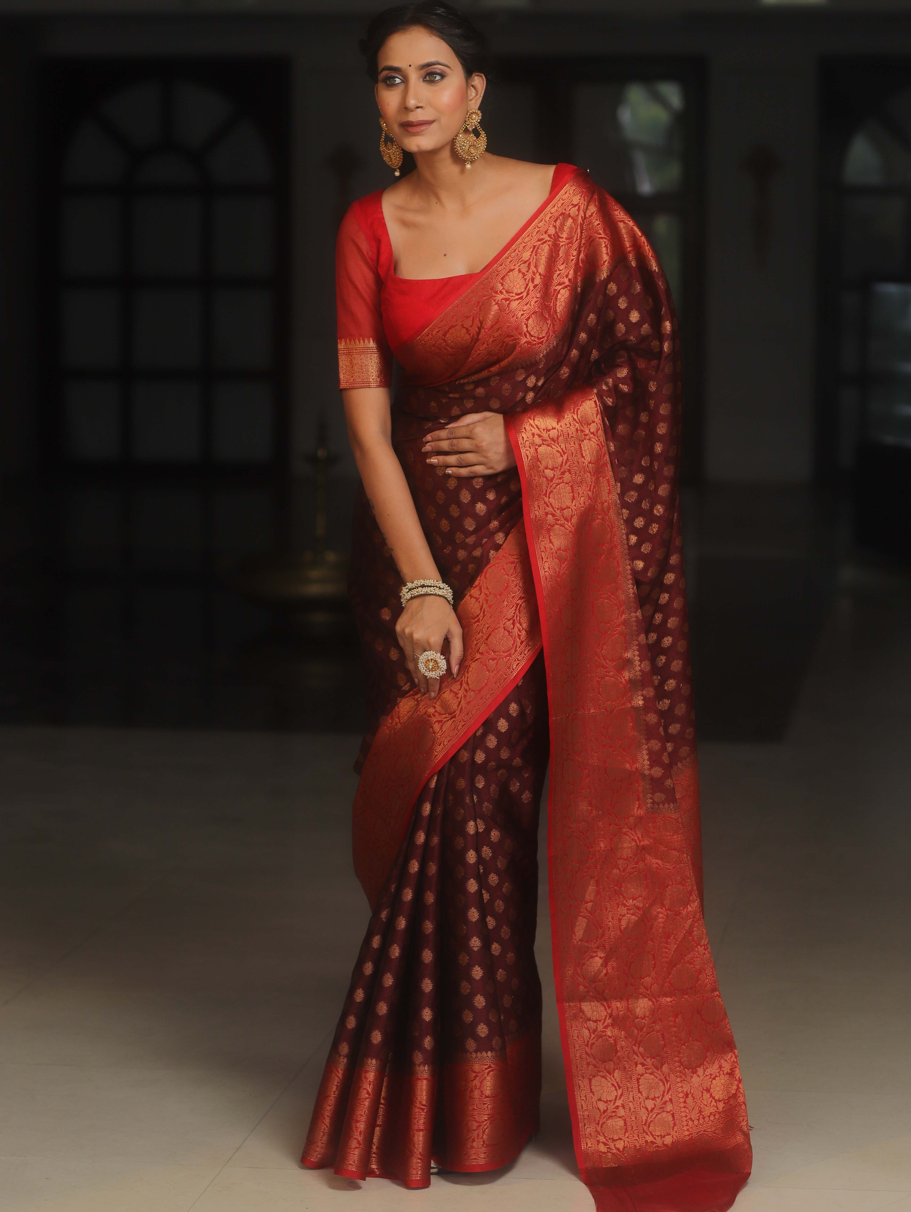 Banarasee Georgette Saree With Zari Work & Contrast Border-Brown & Maroon