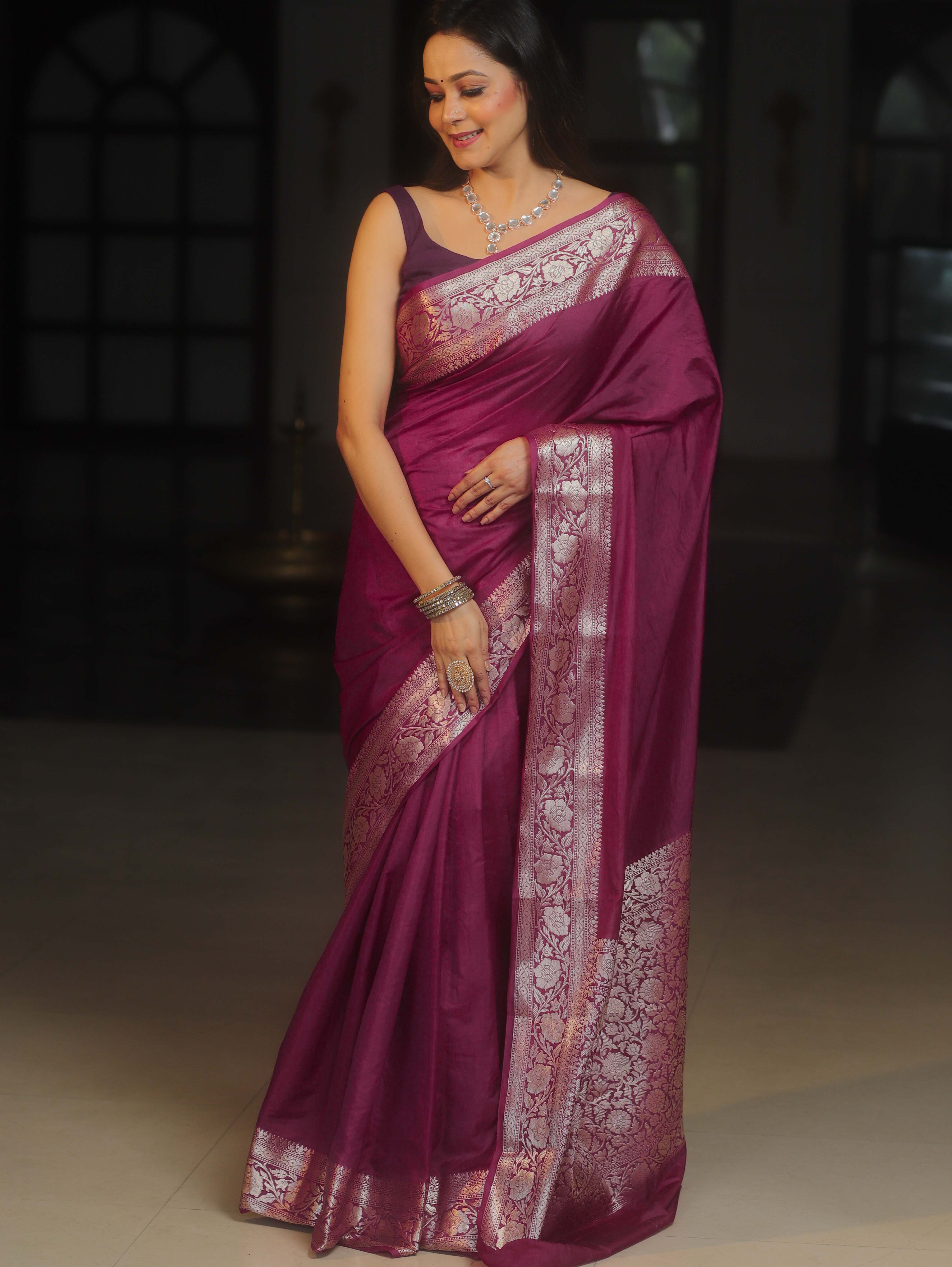 Banarasee Handwoven Semi Silk Plain Saree With Zari Border-Violet