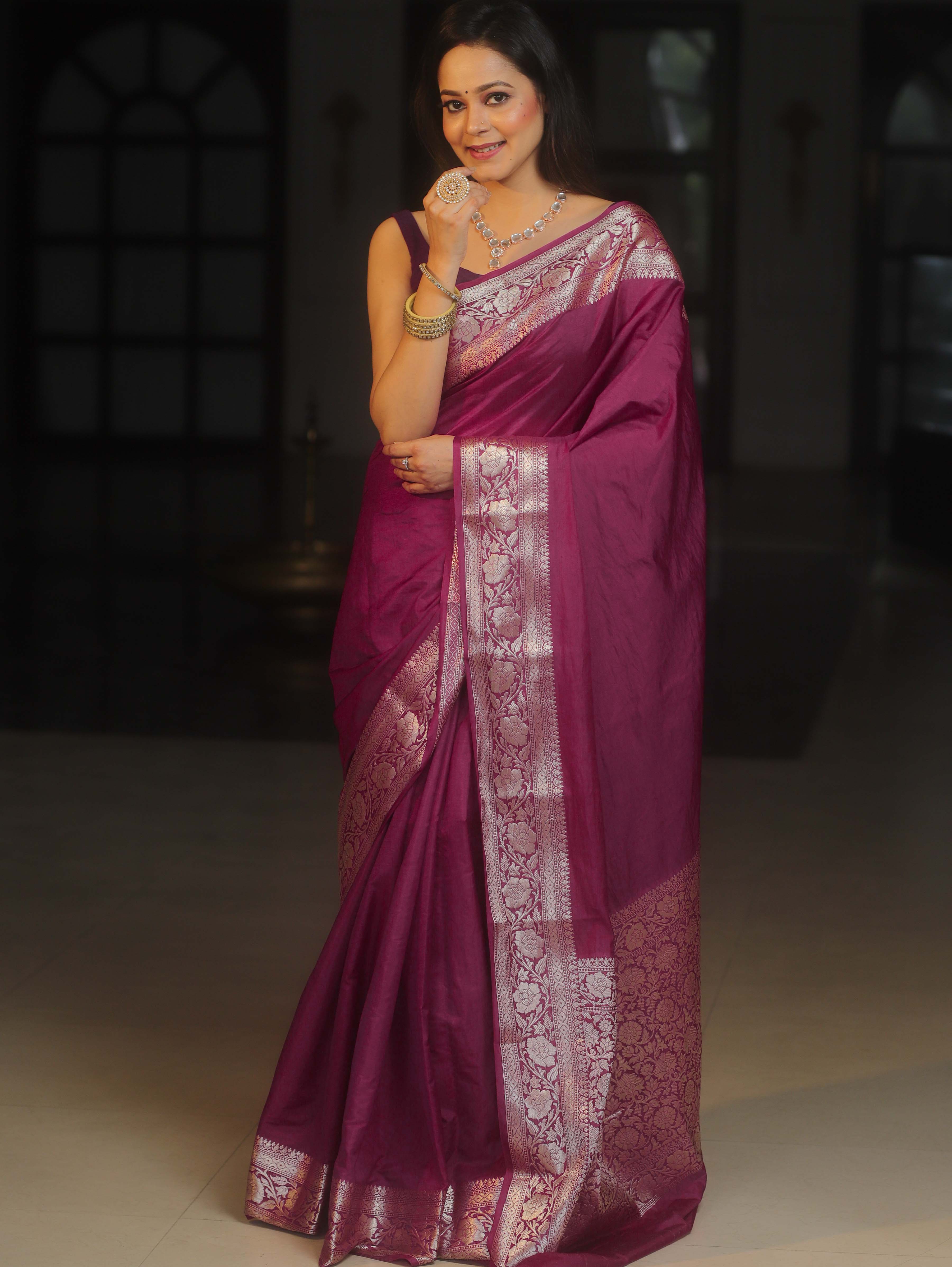 Banarasee Handwoven Semi Silk Plain Saree With Zari Border-Violet