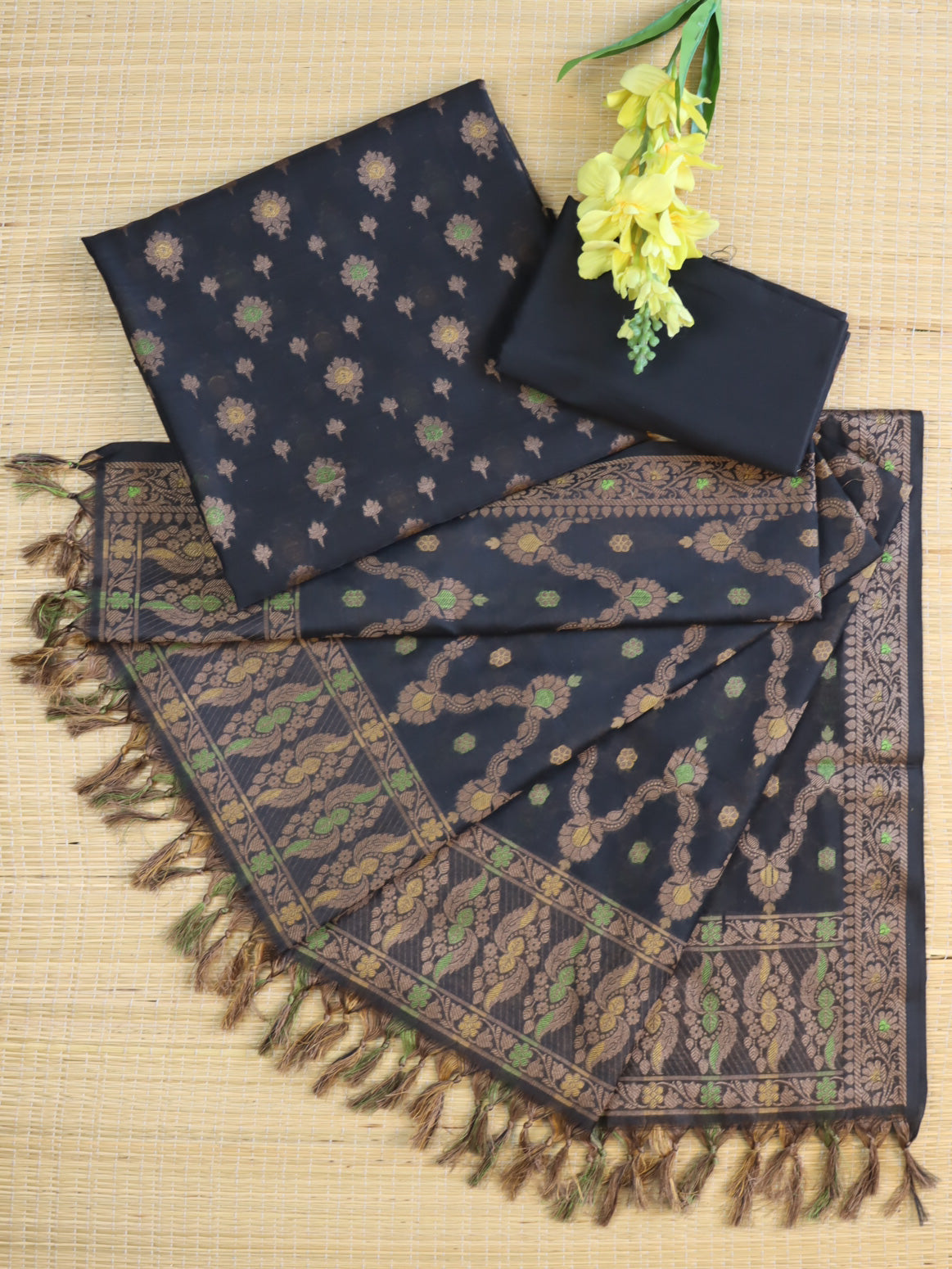 Banarasee Resham Zari Cotton Salwar Kameez Fabric With Dupatta Set-Black