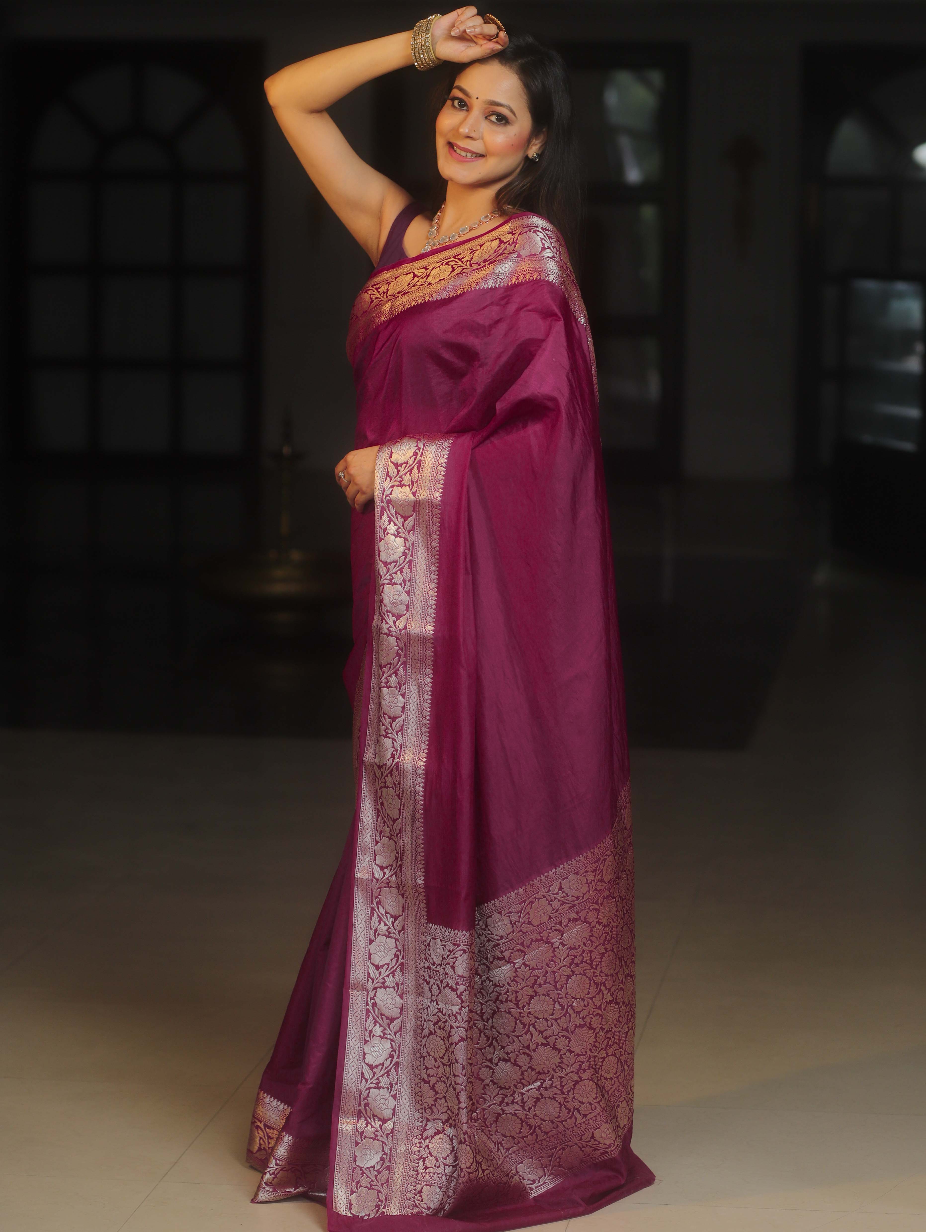 Banarasee Handwoven Semi Silk Plain Saree With Zari Border-Violet