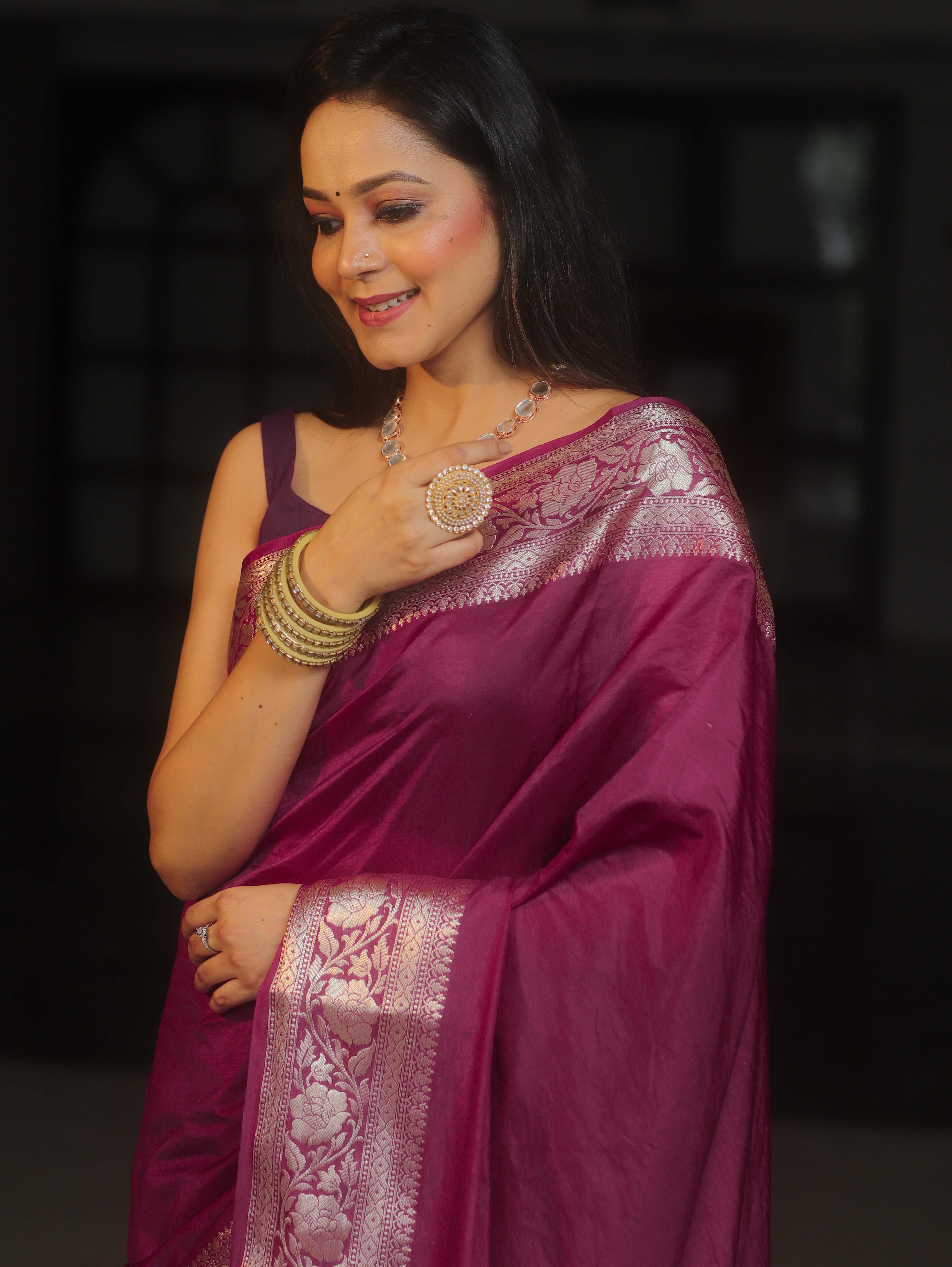 Banarasee Handwoven Semi Silk Plain Saree With Zari Border-Violet